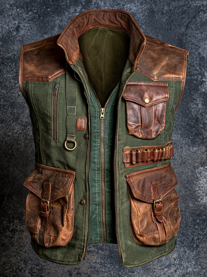 Men's Vintage-Wash Leather Panel Vest