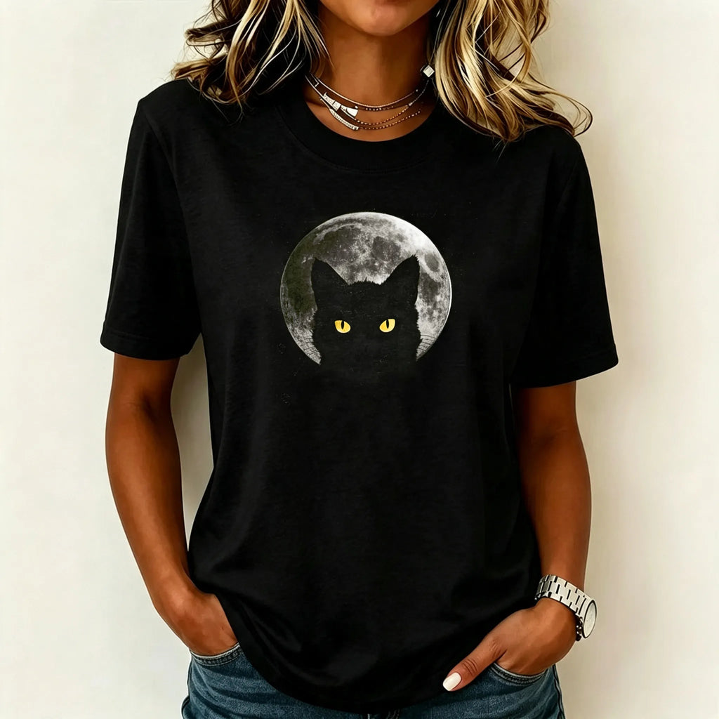 Women's Black Cat Moonlit Night Halloween Design T-shirt