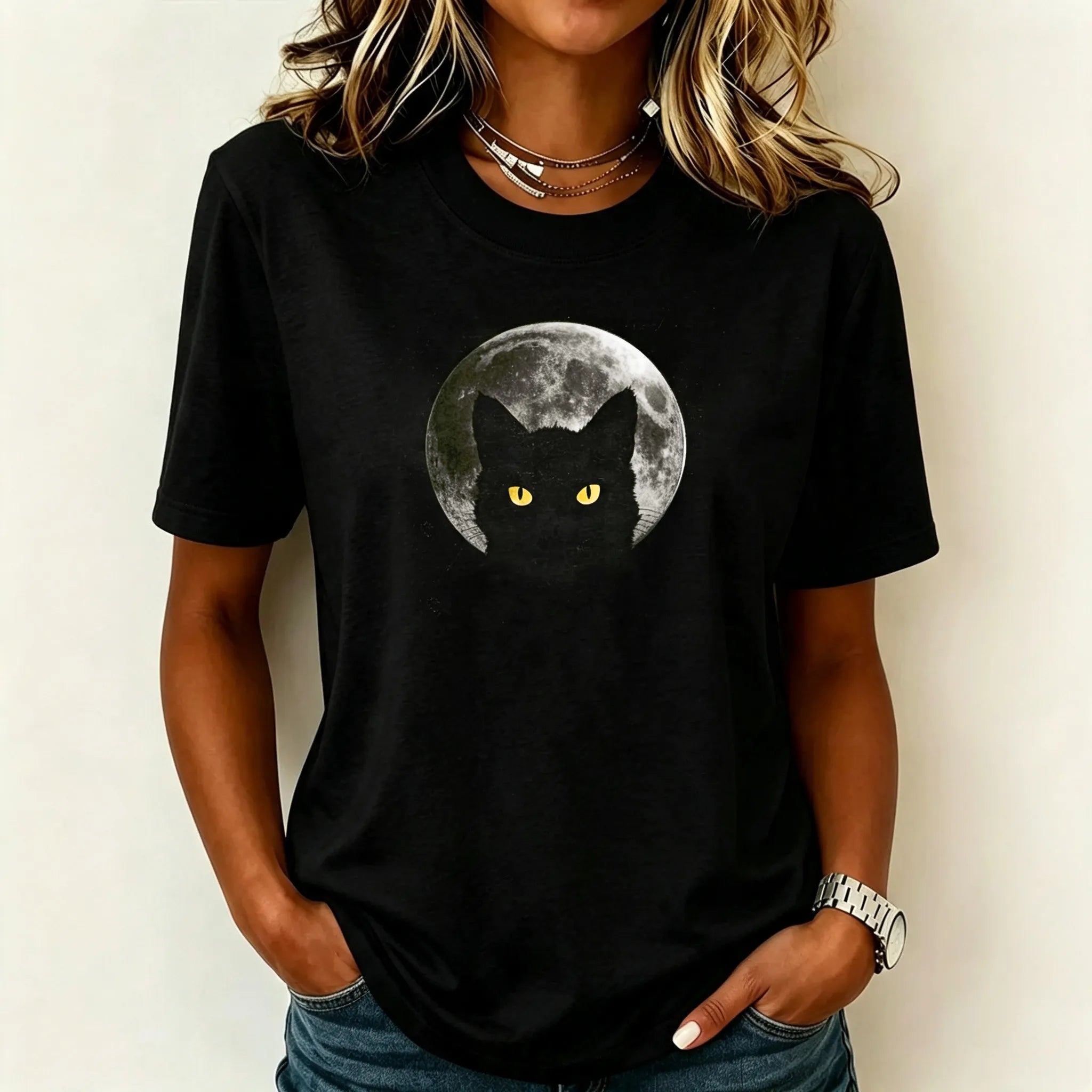 Women's Black Cat Moonlit Night Halloween Design T-shirt