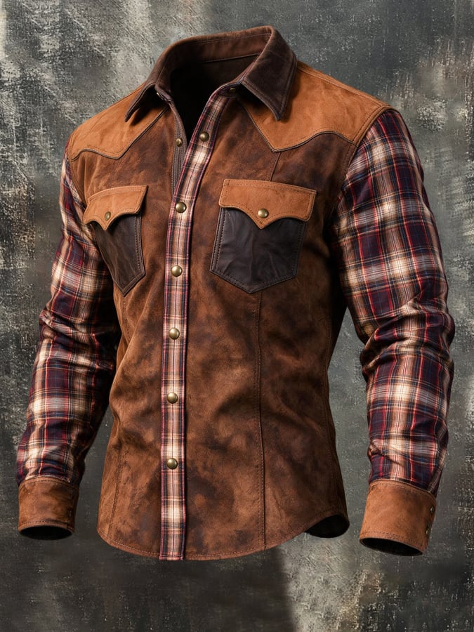 Men'S Retro Western-Style Long-Sleeve Shirt With Leather Paneling, Plaid Pattern, And Color-Blocking