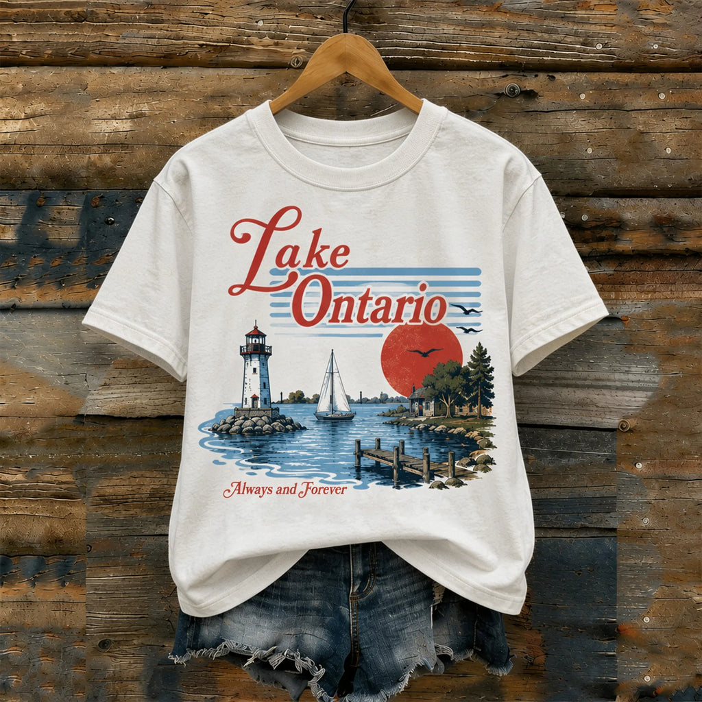 Vintage Ontario Lake Lighthouse And Sailboat Lakeside Pattern Canadian New York Lake Commemorative Top