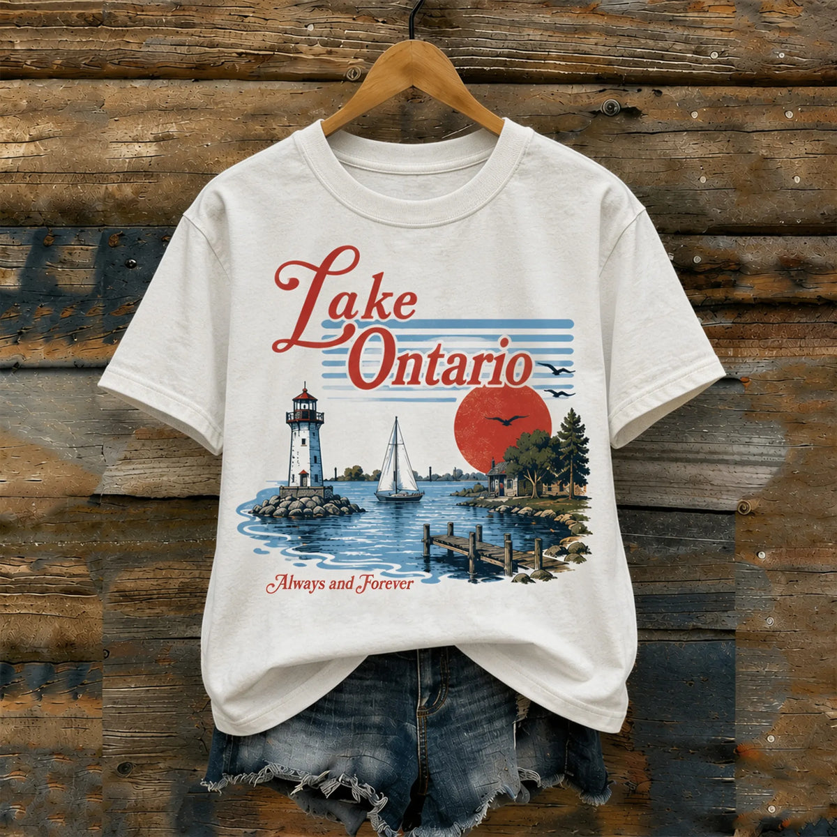 Vintage Ontario Lake Lighthouse And Sailboat Lakeside Pattern Canadian New York Lake Commemorative Top