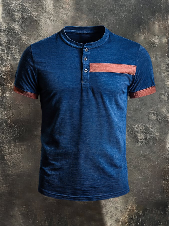 Men's casual retro wash colorblock short sleeve Henley T-shirt
