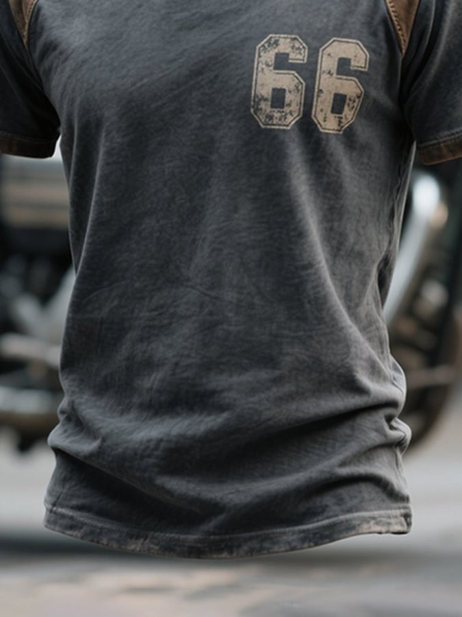 Men's retro style color block t-shirt with round neck and short sleeves