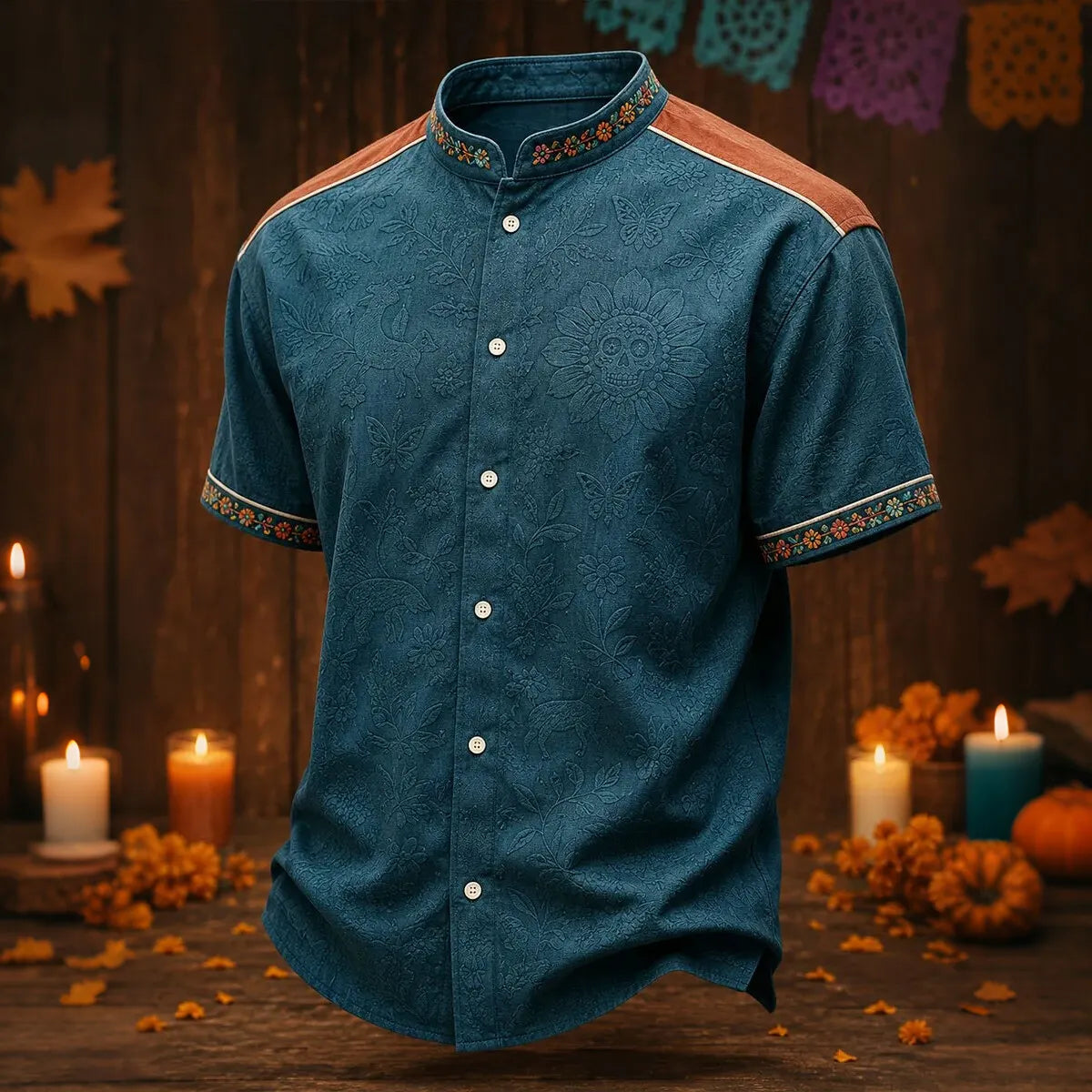 Men's Sunflower Embedded Sugar Skull Day of the Dead Print Stand Collar Short Sleeve Shirt