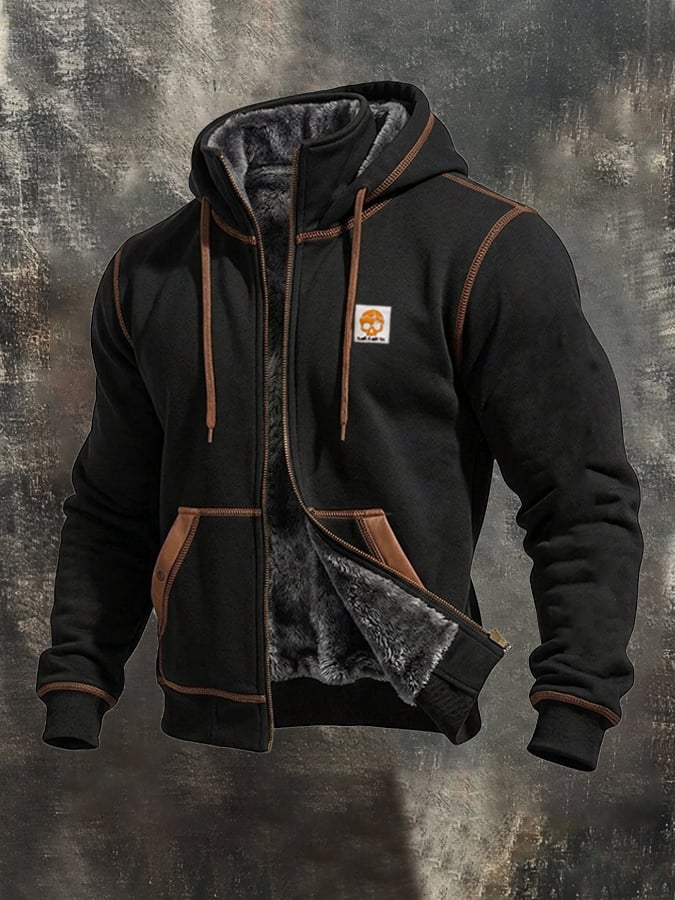 Men'S Vintage Fleece-Lined Hooded Jacket With Leather Paneling