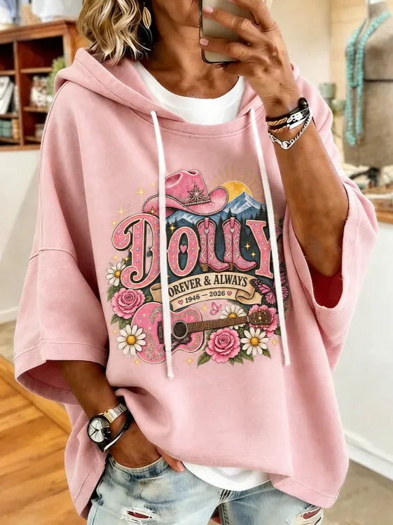 Women's commemorative printed round neck hooded sweatshirt