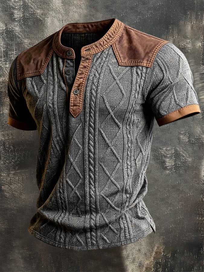 Men's Vintage-Style Jacquard Knit Henley T-Shirt