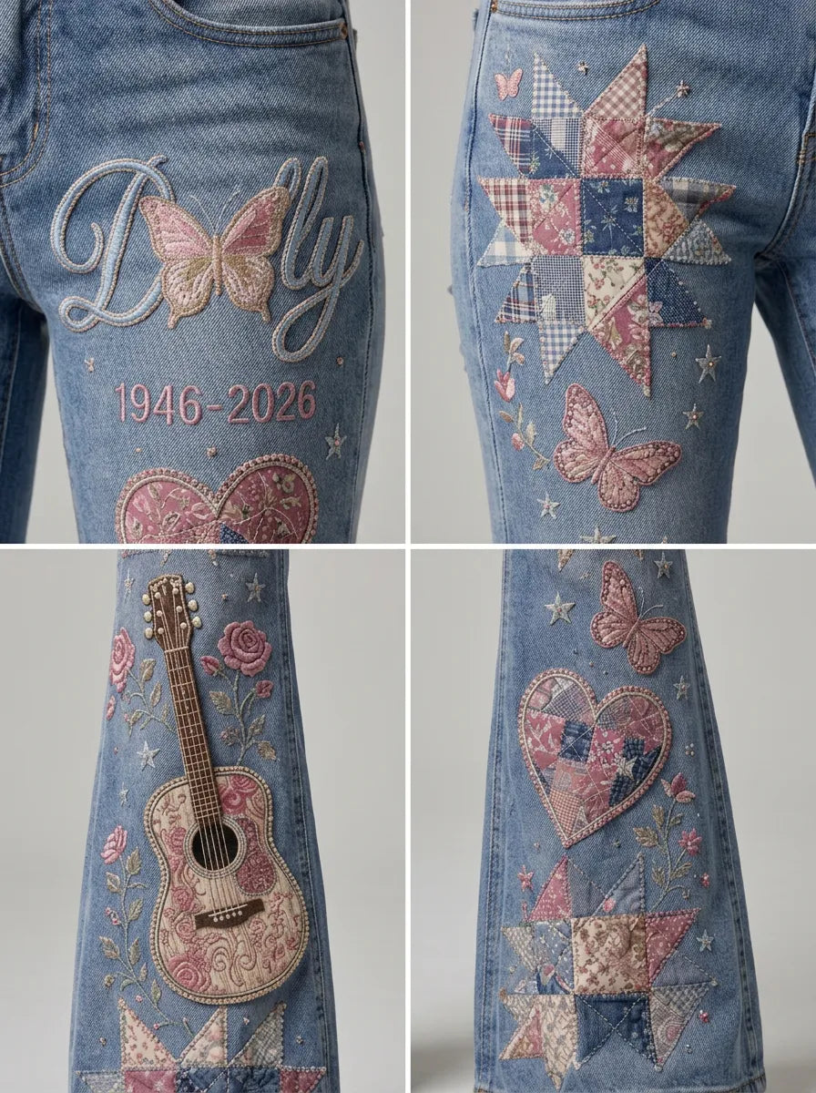 Women's Dolly Parton Guitar Butterfly Quilt Printed Flare Jeans