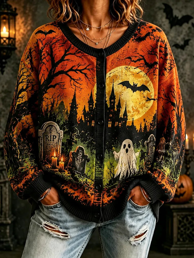 Women's Halloween Cardigan Sweater - Haunted Castle, Full Moon, Ghost & Tombstones Print