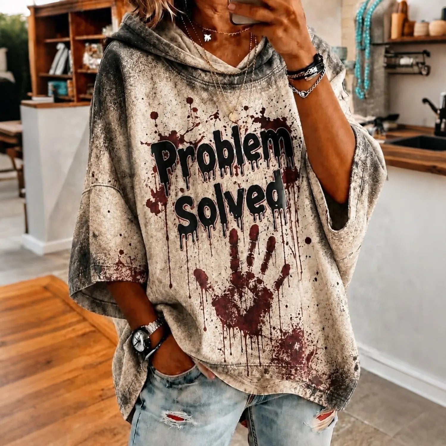 Women's Halloween Bloody Problem Solved Art Print Casual Hoodie