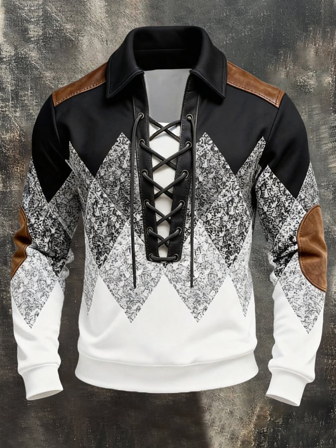 Men'S Fashion Color-Block Long-Sleeve Sweatshirt With Leather Paneling, Lace-Up Detail, And Collar