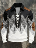 Men'S Fashion Color-Block Long-Sleeve Sweatshirt With Leather Paneling, Lace-Up Detail, And Collar