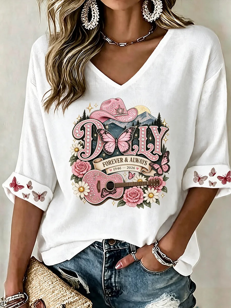 Women's commemorative pattern Waffle V-neck top