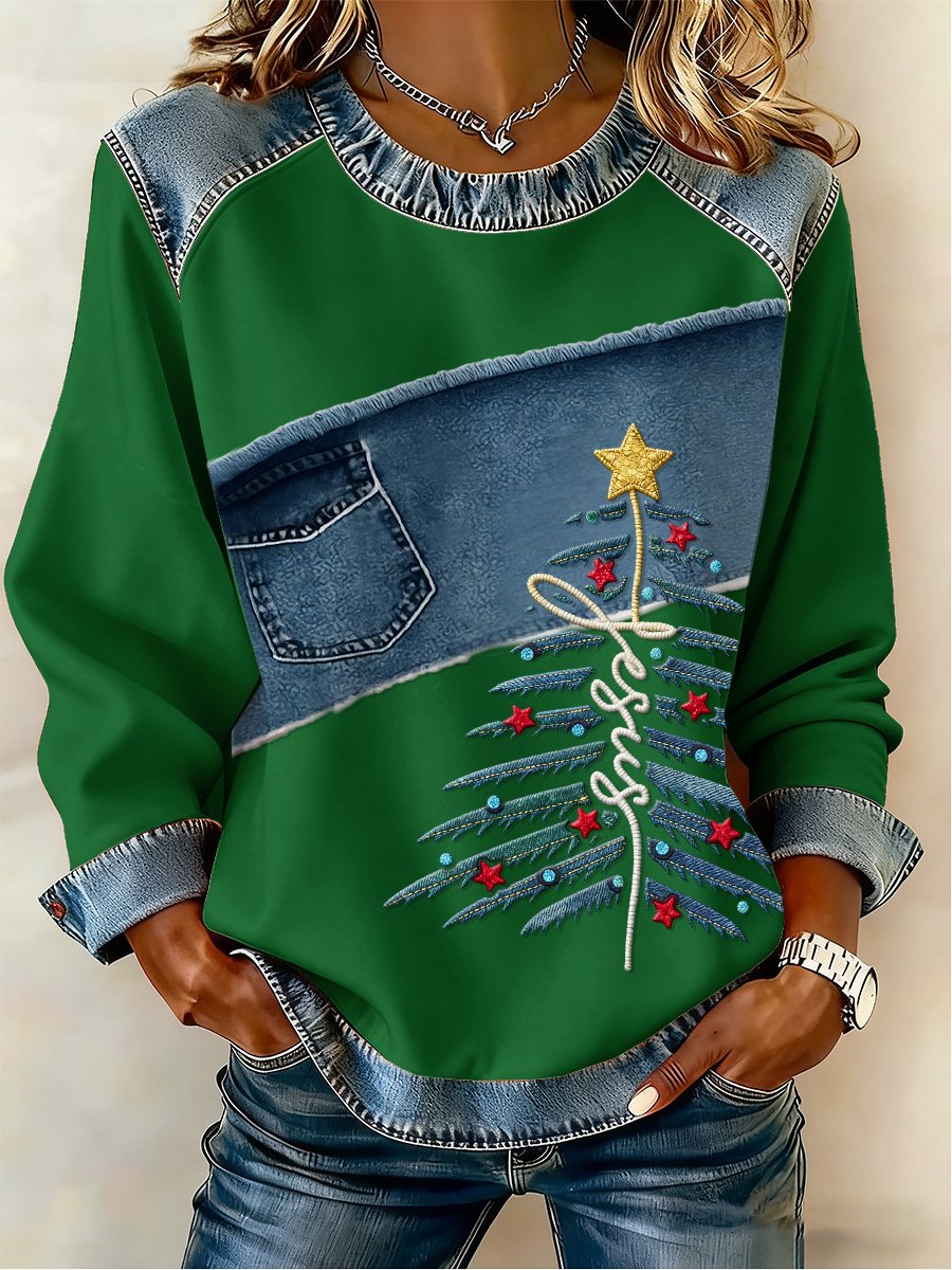 Women's Casual Retro Faith Christmas Tree Sweatshirt
