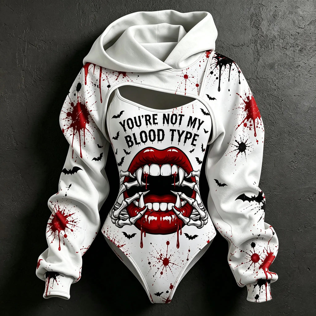 Women's Retro Halloween Lip Skull Letter Print Hoodie Two-piece Set