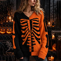 Women's Halloween Colorblock Skeleton Knit V-neck Sweater