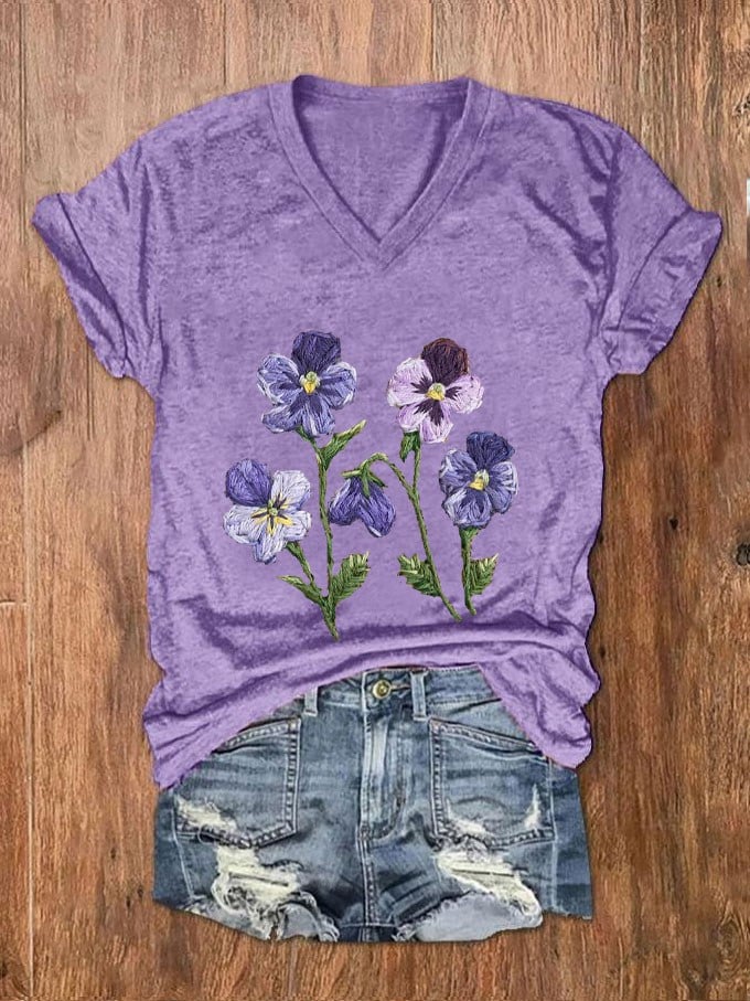 Women's Purple Floral Pansy Dementia Alzheimer's Disease Awareness Print V-Neck T-Shirt