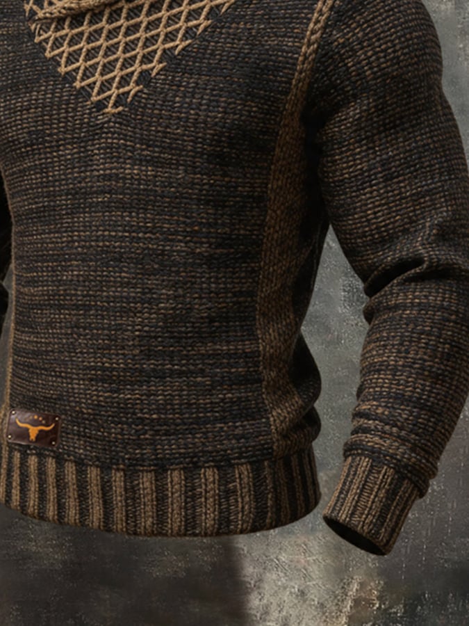 Men's Vintage Chunky Wool Shawl-Collar Long-Sleeve Knit Sweater