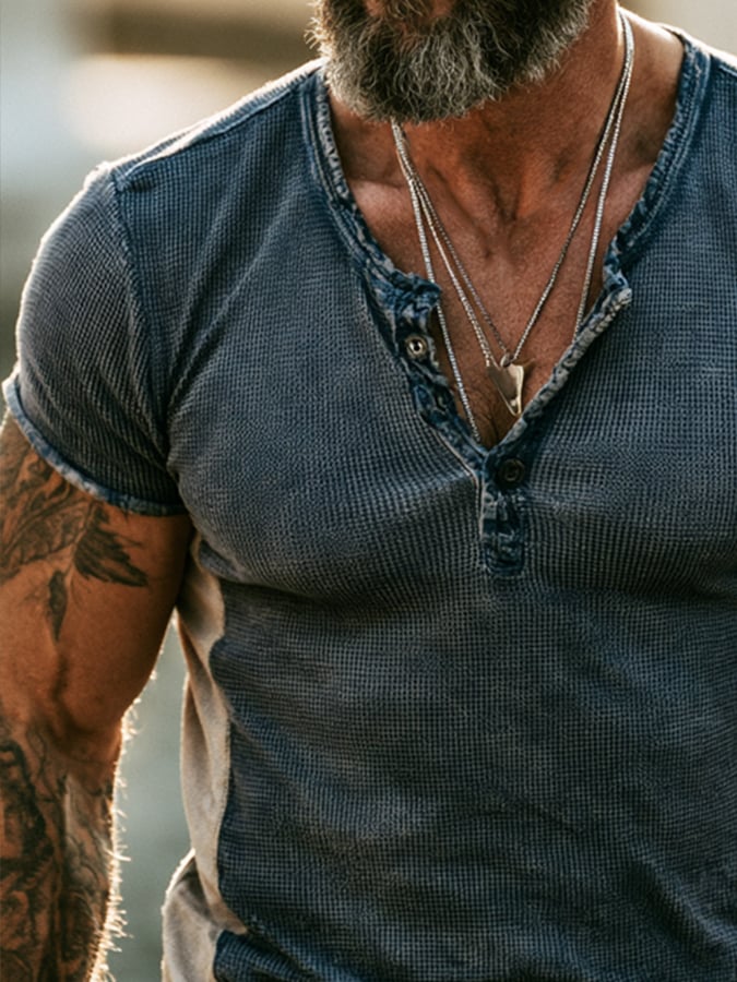 Men's Fashion Color-Block Waffle-Knit Henley Short-Sleeve T-Shirt