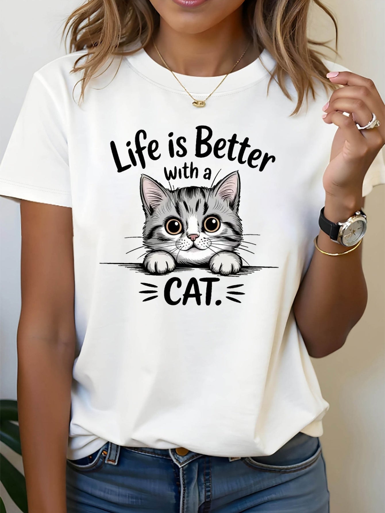 Peeking Cat Printed T-Shirt
