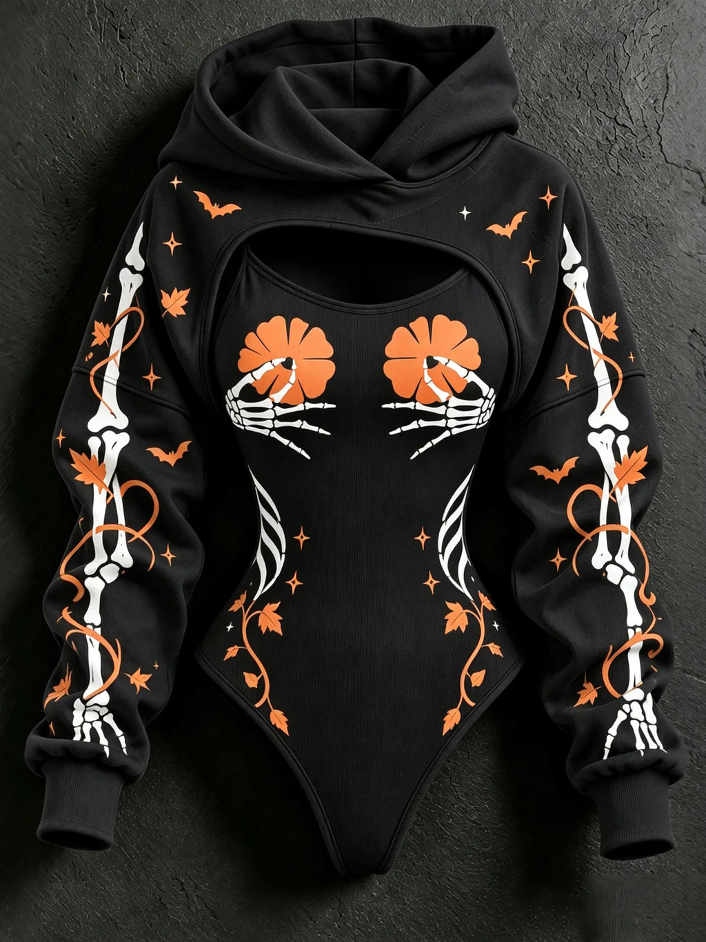 Women's Retro Halloween Pumpkin & Skeleton Hand Print Casual Two-piece Set
