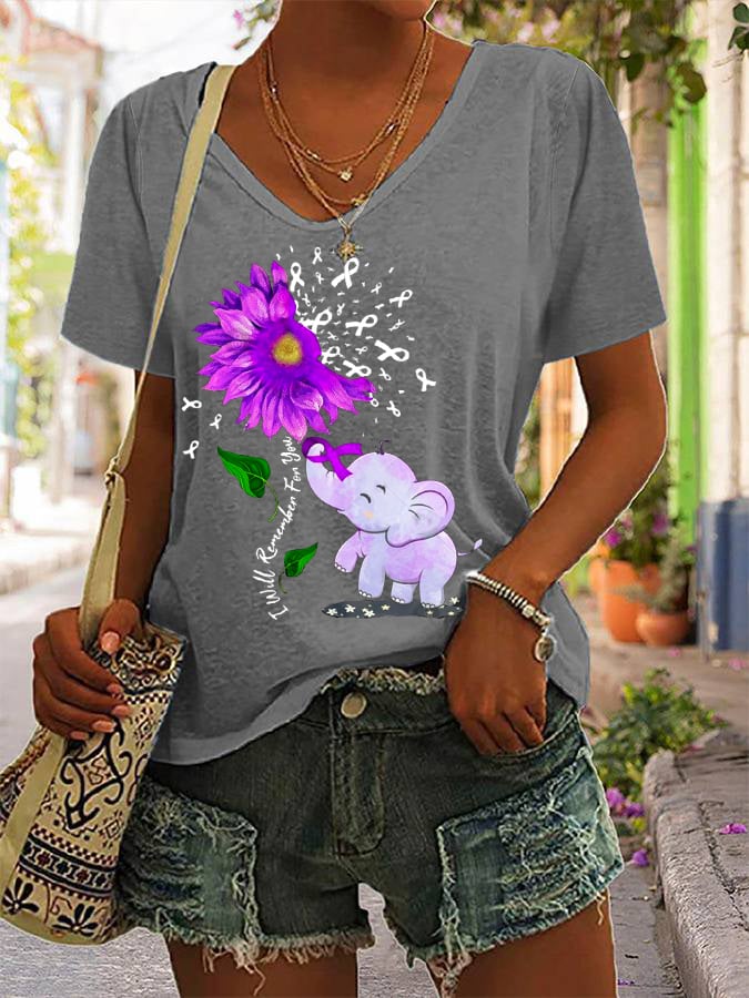 Women's I'll Remember For You Elephant Purple Ribbon Alzheimer's Awareness Fighter Supporter V-Neck Tee