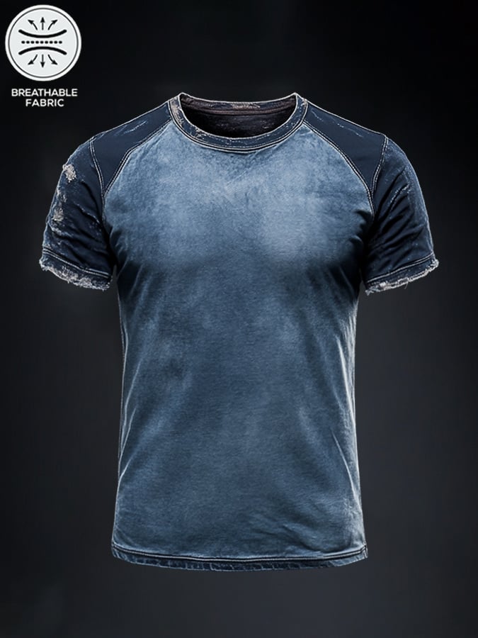 Men's casual short-sleeved retro washed colorblock t-shirt