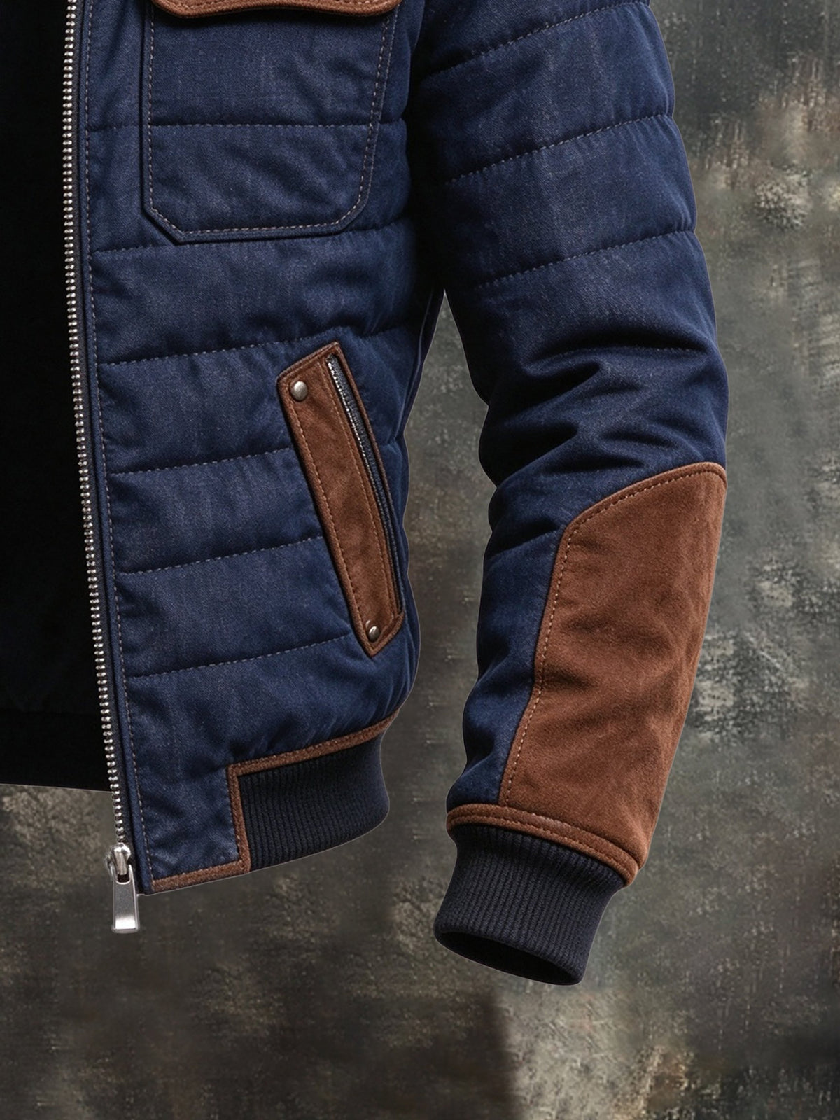 Men's Retro Faux Suede Panel Quilted Stand-Collar Jacket