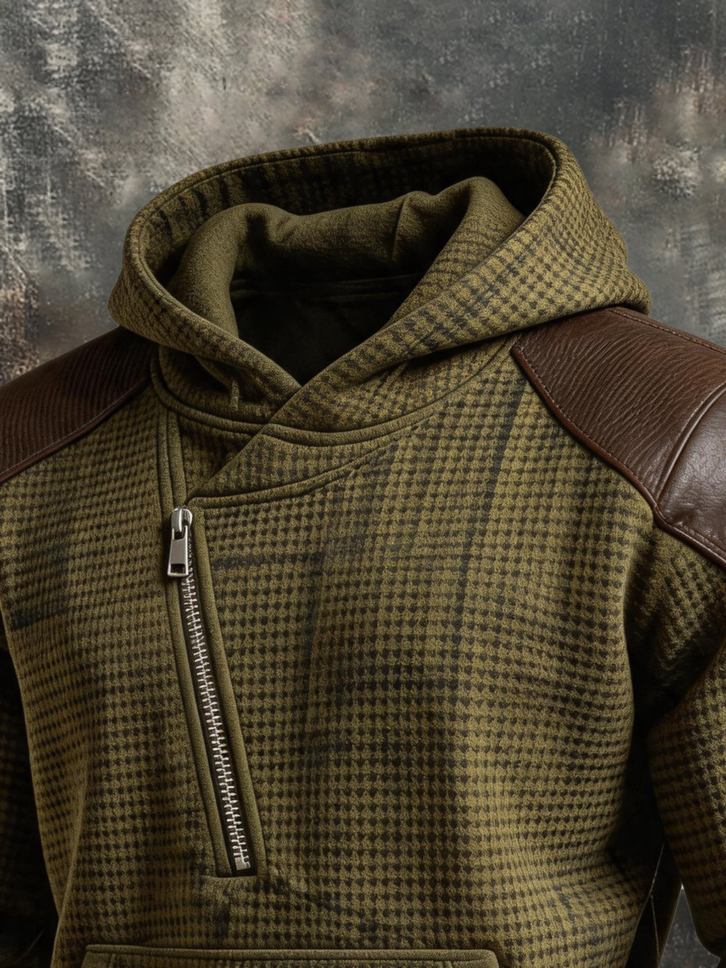 Men's Retro Leather-Panelled Half-Zip Hoodie