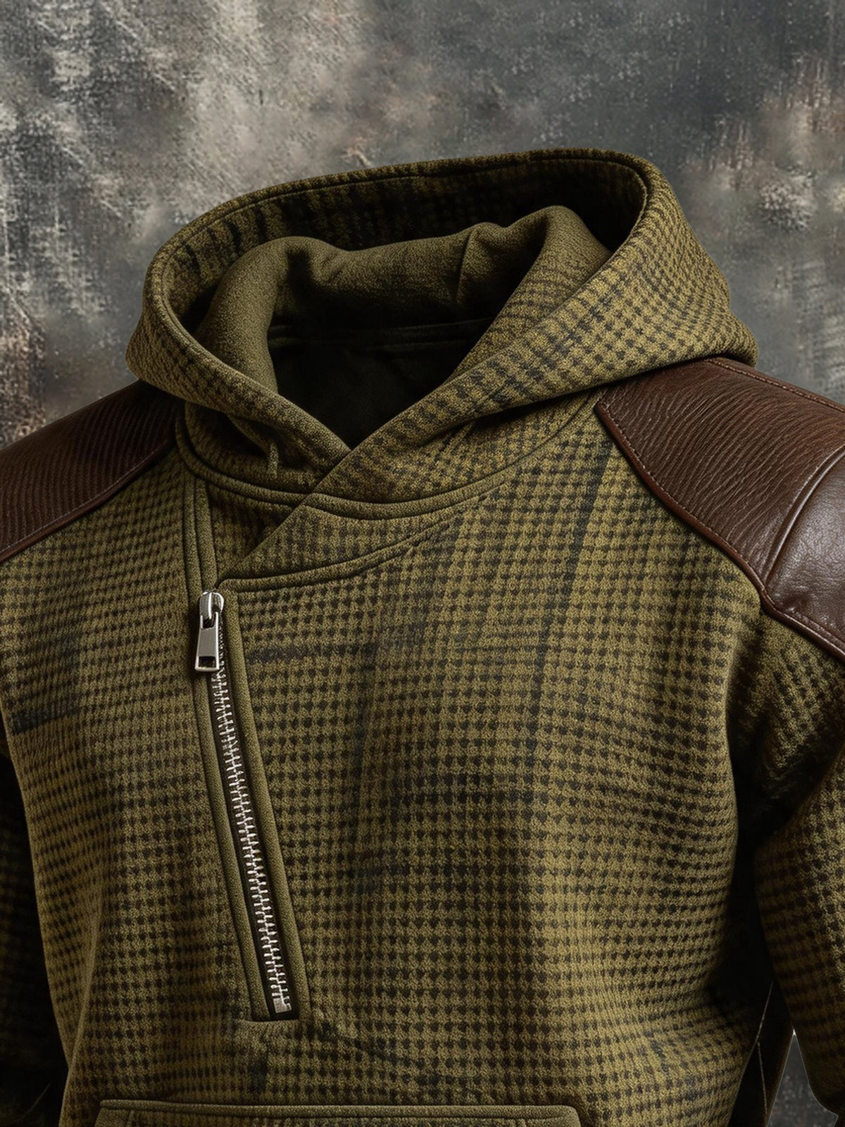 Men's Retro Leather-Panelled Half-Zip Hoodie