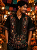 Men's Day of The Dead Sugar Skeleton Floral Candle Art Print Short Sleeve Shirt