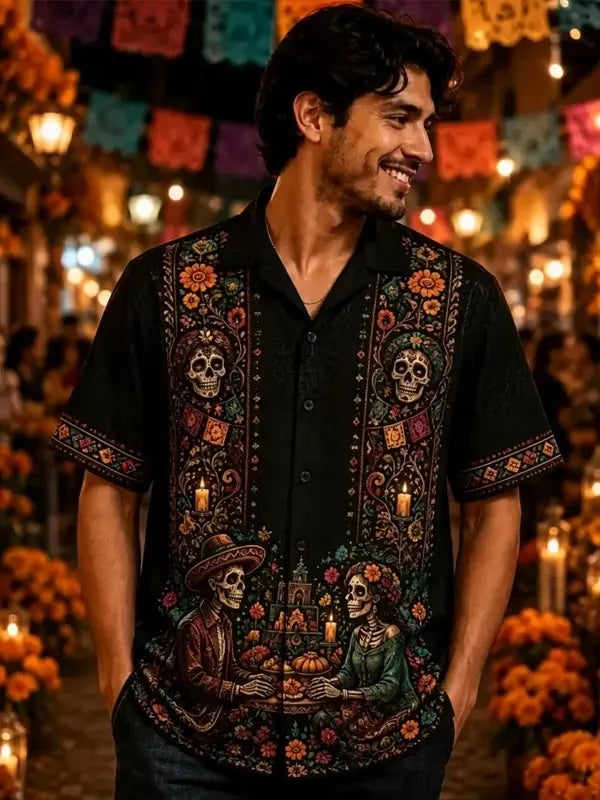 Men's Day of The Dead Sugar Skeleton Floral Candle Art Print Short Sleeve Shirt