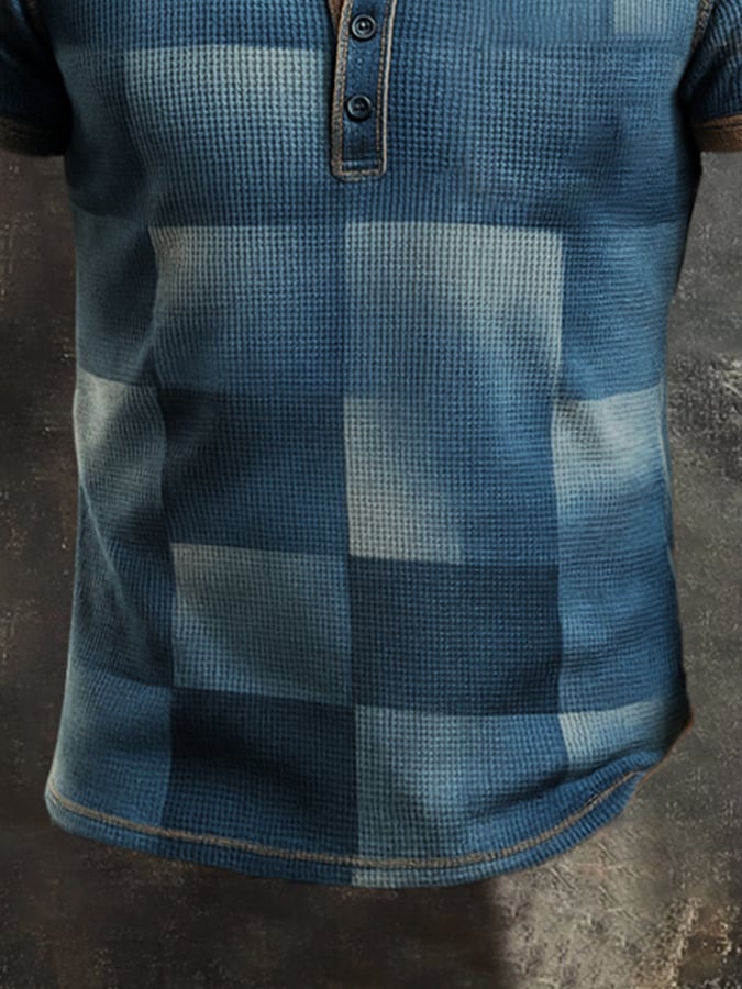 Men's casual waffle print colorblock Henley T-shirt