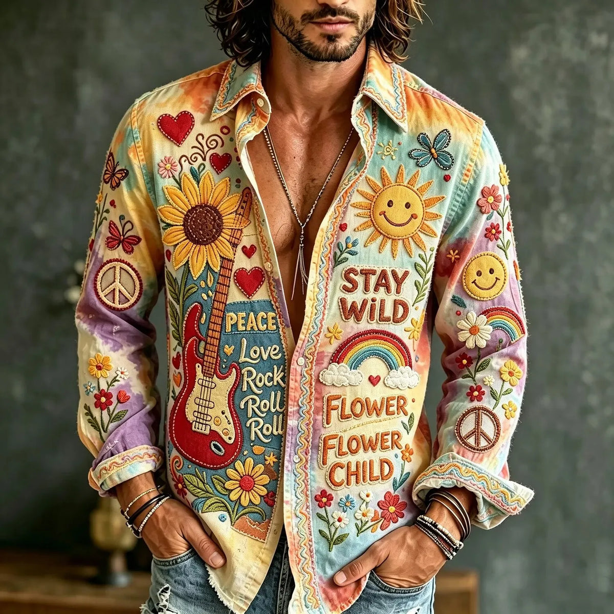 Men's Peace Rainbow Sun Flower Guitar Print Long Sleeve Shirt