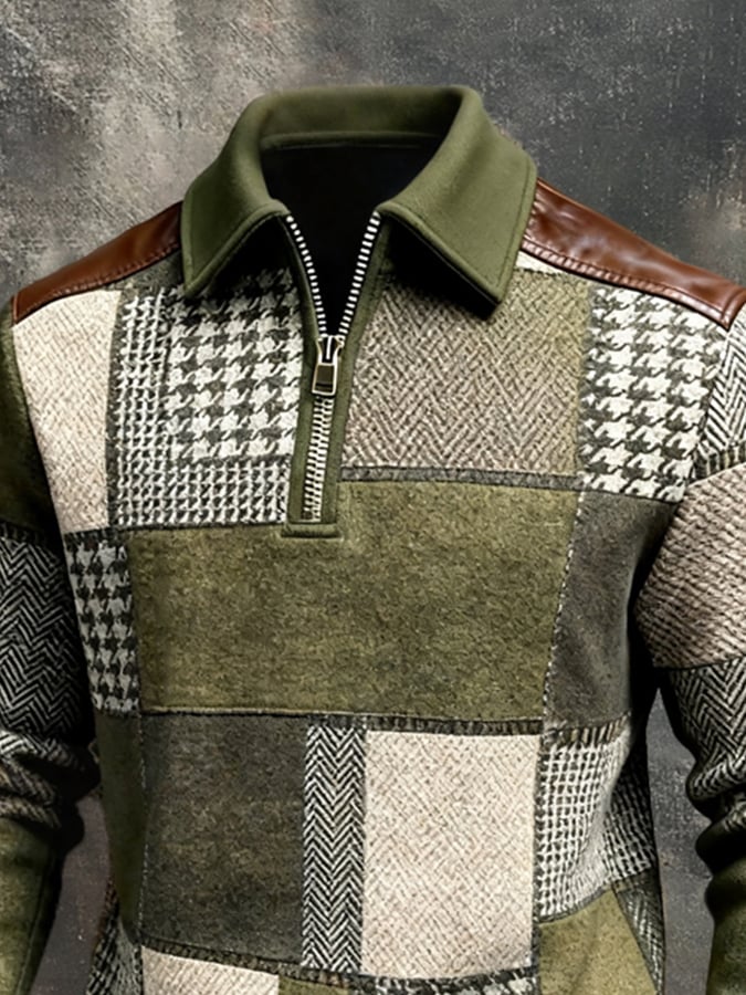 Men's Retro Color Block Print Color-Blocked Zip-Up Sweatshirt