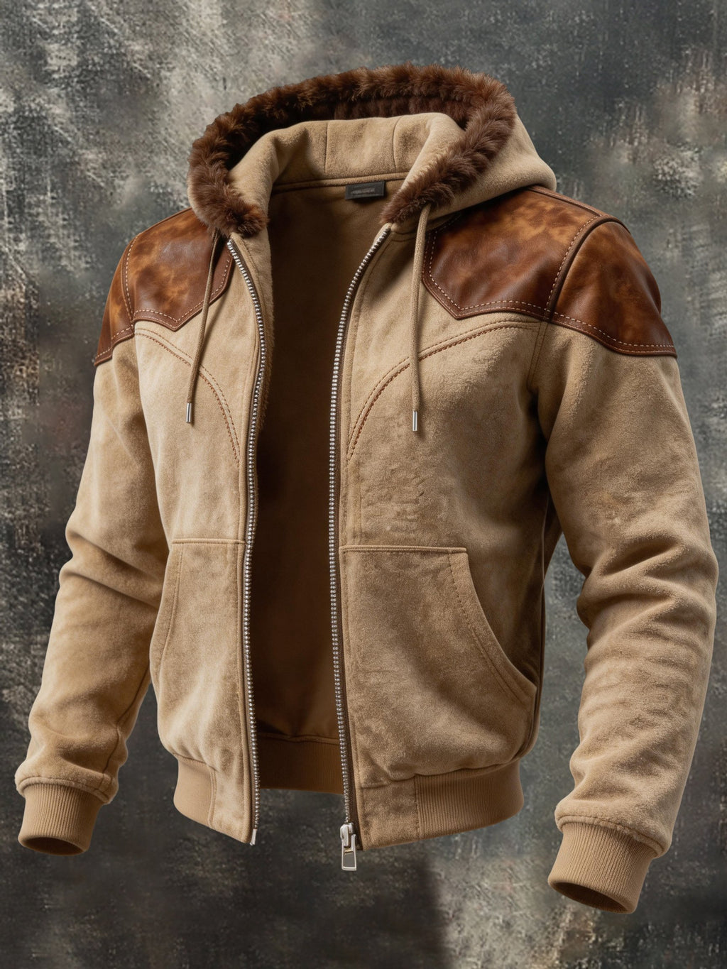 Men’s Vintage-Style Leather-Paneled Hooded Jacket