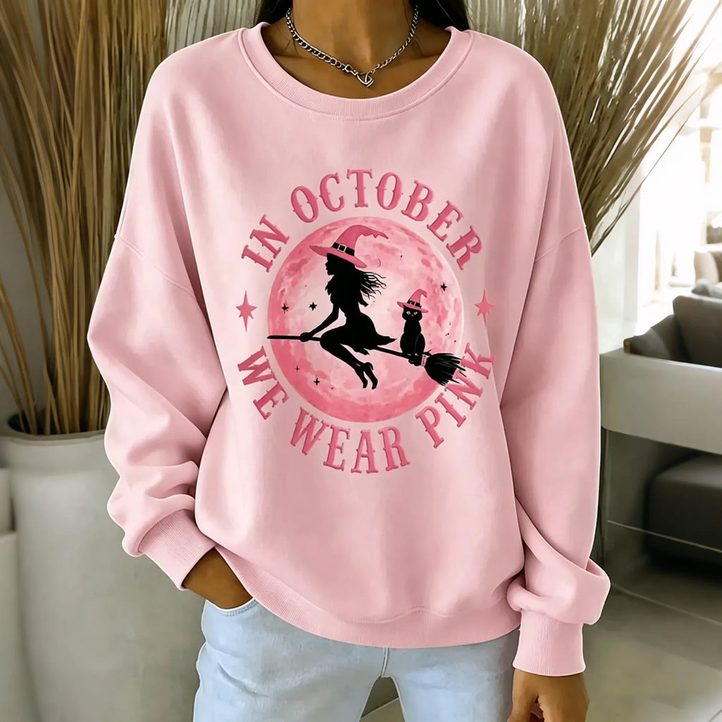 Women's Pink Halloween Art Print Breast Cancer Awareness Casual Crew Neck Sweatshirt