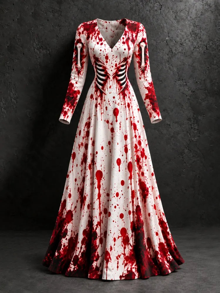 Women's Halloween Bloodstain Skull Print V-neck Long Sleeve Waist-cinched Dress