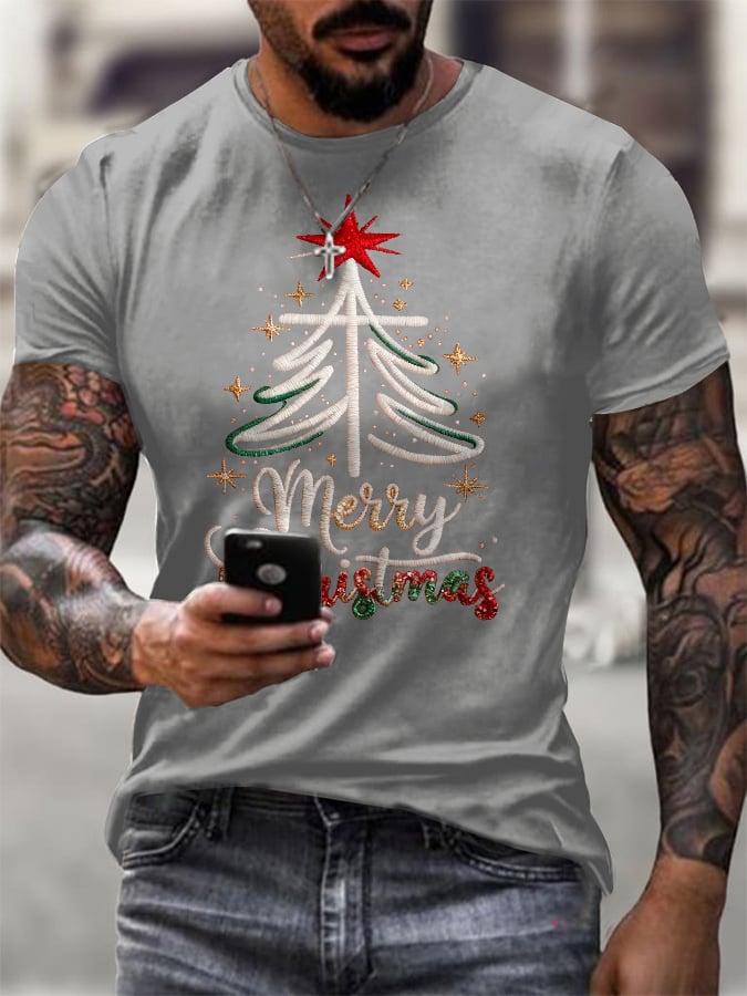 Men's Retro Merry Christmas Cross Print T-Shirt