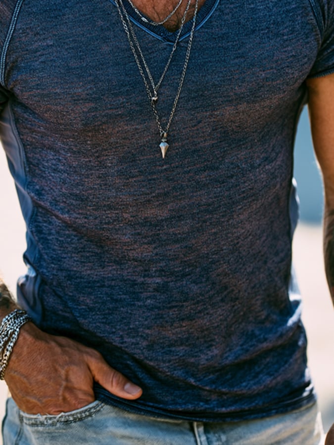 Men'S Fashion Short-Sleeve V-Neck T-Shirt With Contrast-Color Cotton Paneling