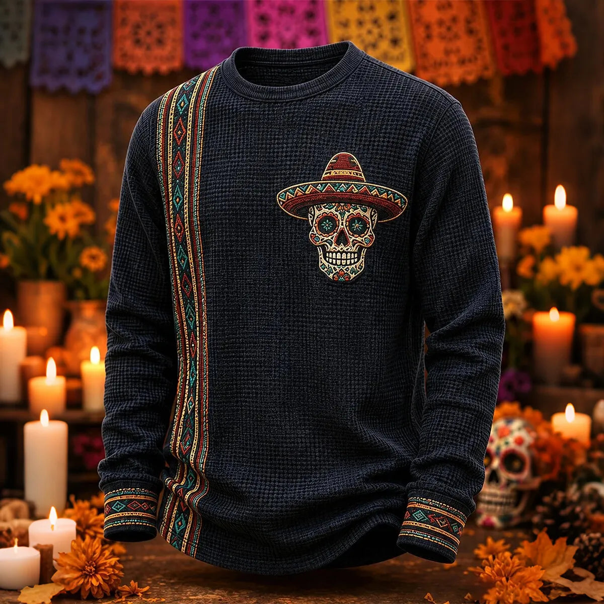 Men's Vertical Striped Skull Wearing Mexican Sombrero Print Crew Neck Long Sleeve Waffle Sweatshirt