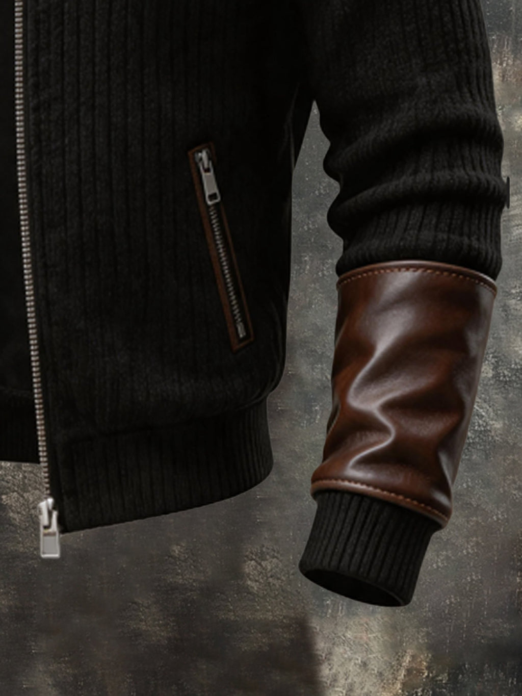 Men's Retro Leather-Panel Zip-Up Stand-Collar Jacket