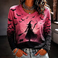 Women's Pink Halloween Witch Bat Black Cat Print Crew Neck Long Sleeve T-shirt