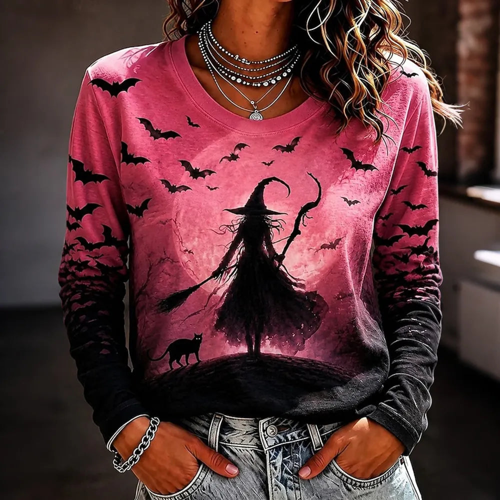 Women's Pink Halloween Witch Bat Black Cat Print Crew Neck Long Sleeve T-shirt
