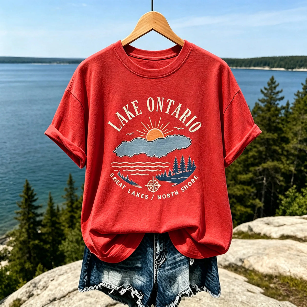 Women's Casual Crewneck T-shirt In Cream With Lake Ontario Map, Sun, And Forest Print