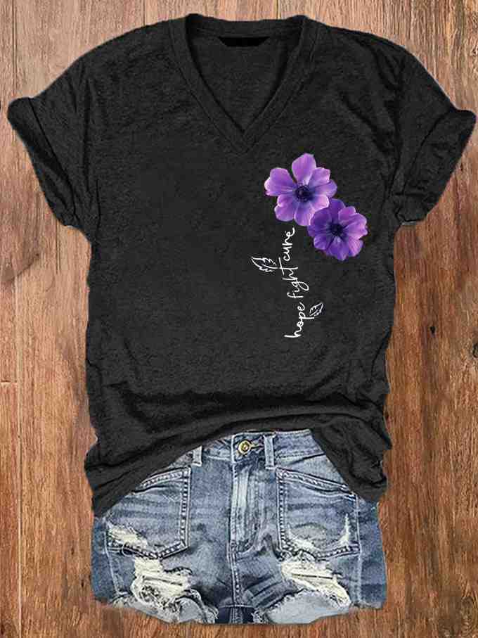 Women's Pansy Hope Fight Cure Dementia Alzheimer's Printed V-Neck T-Shirt