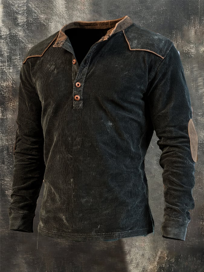 Men's Vintage Comfortable Pure Cotton Color-Block Henley T-Shirt