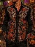 Men's Day Of The Dead Sugar‐Skull Sombrero Vintage Scroll Mixed Bloom Print Long Sleeve Shirt