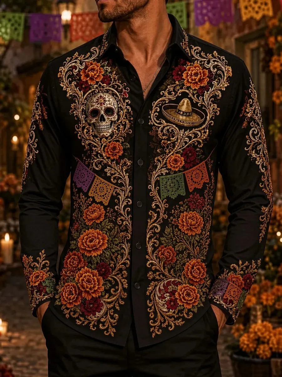 Men's Day Of The Dead Sugar‐Skull Sombrero Vintage Scroll Mixed Bloom Print Long Sleeve Shirt
